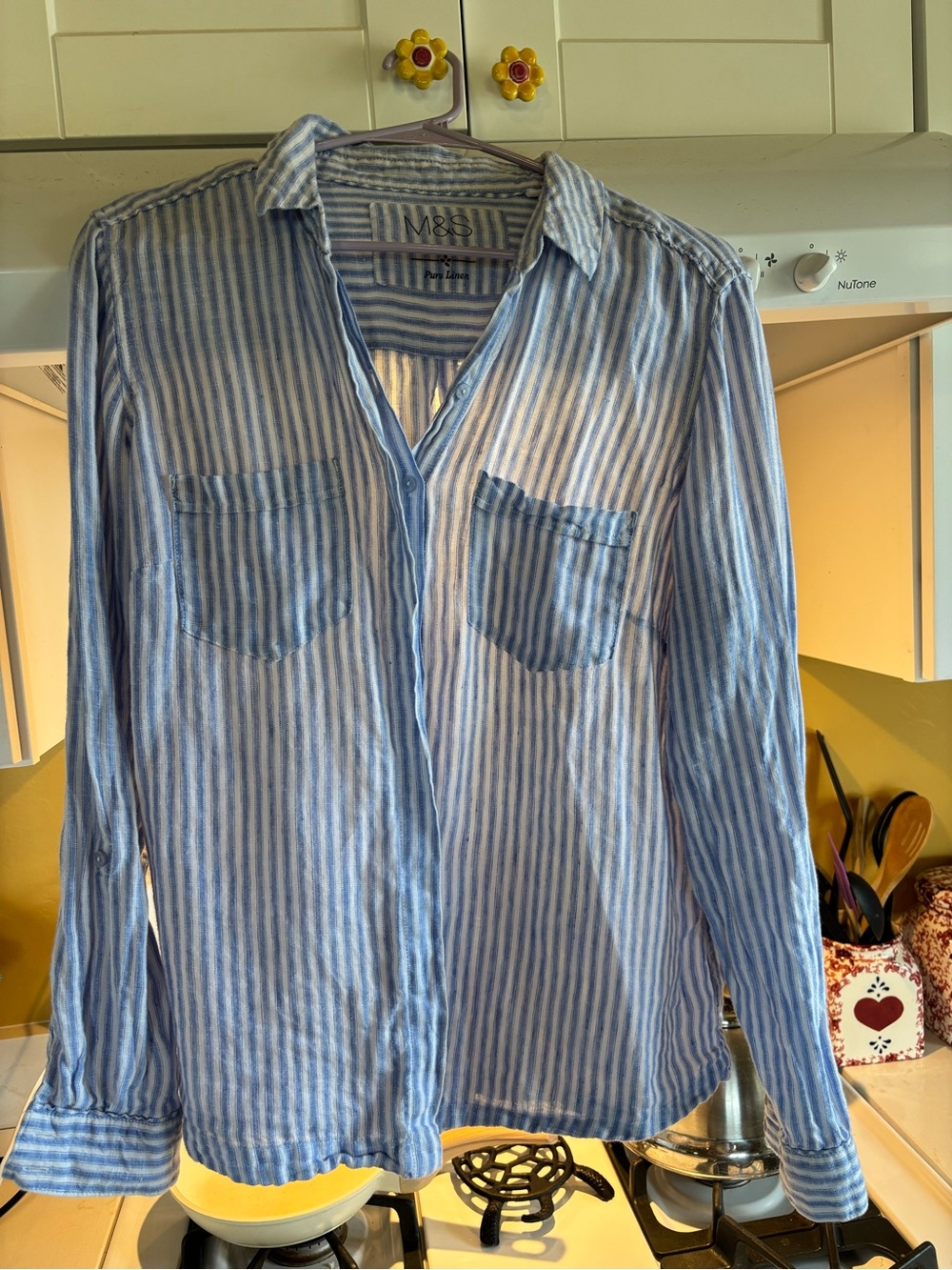 M&S Marks & Spencer pure linen striped button down blouse shirt Sz M